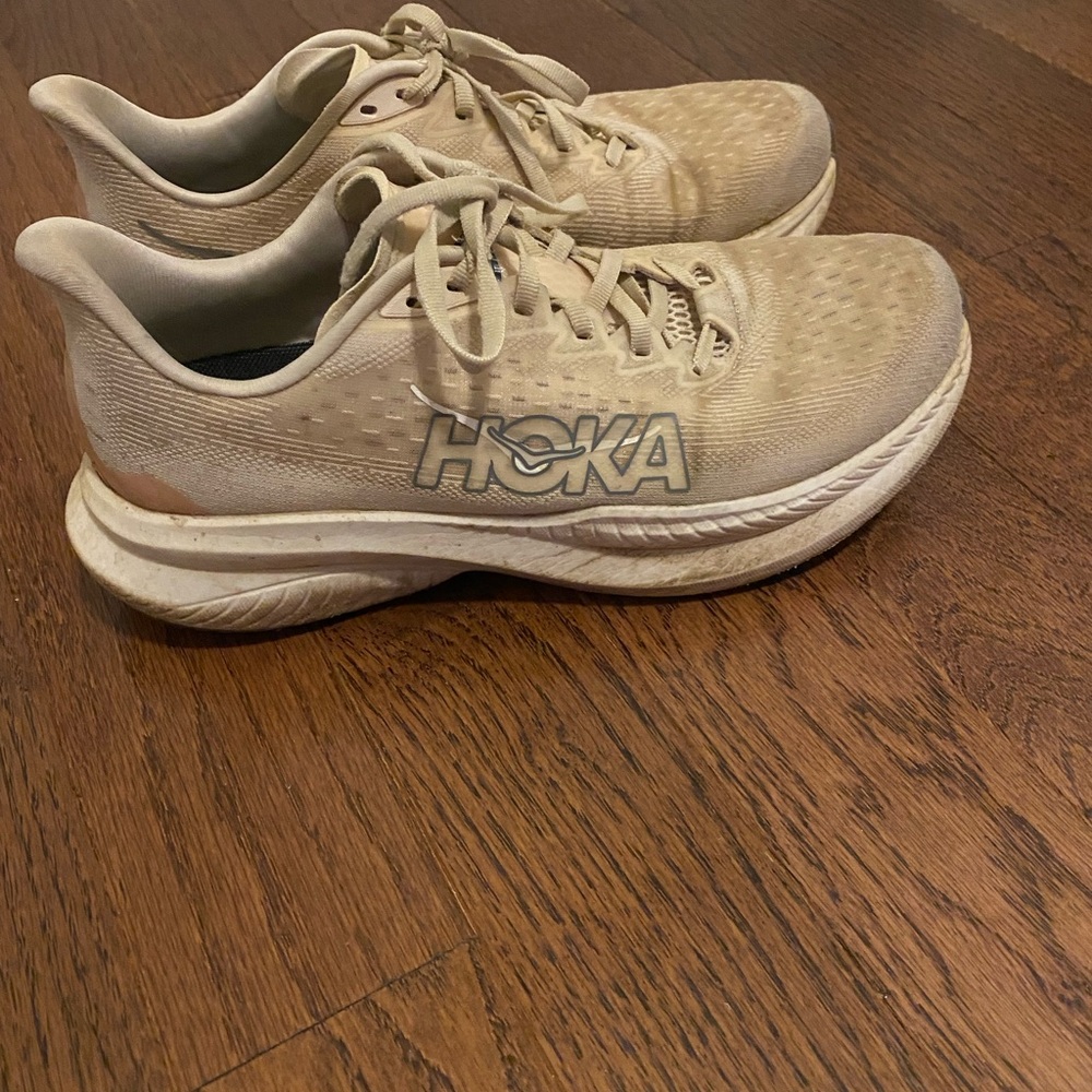 Hoka Cream and Black Athletic Shoes